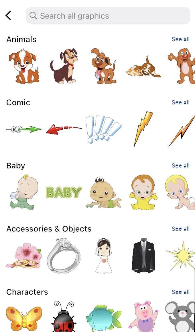 Sticker browser with a search bar and categories for animals, comic effects, babies, accessories and characters
