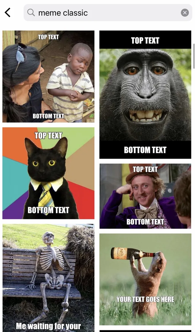 Search results for meme classic showing a grid of classic meme templates with editable top and bottom text